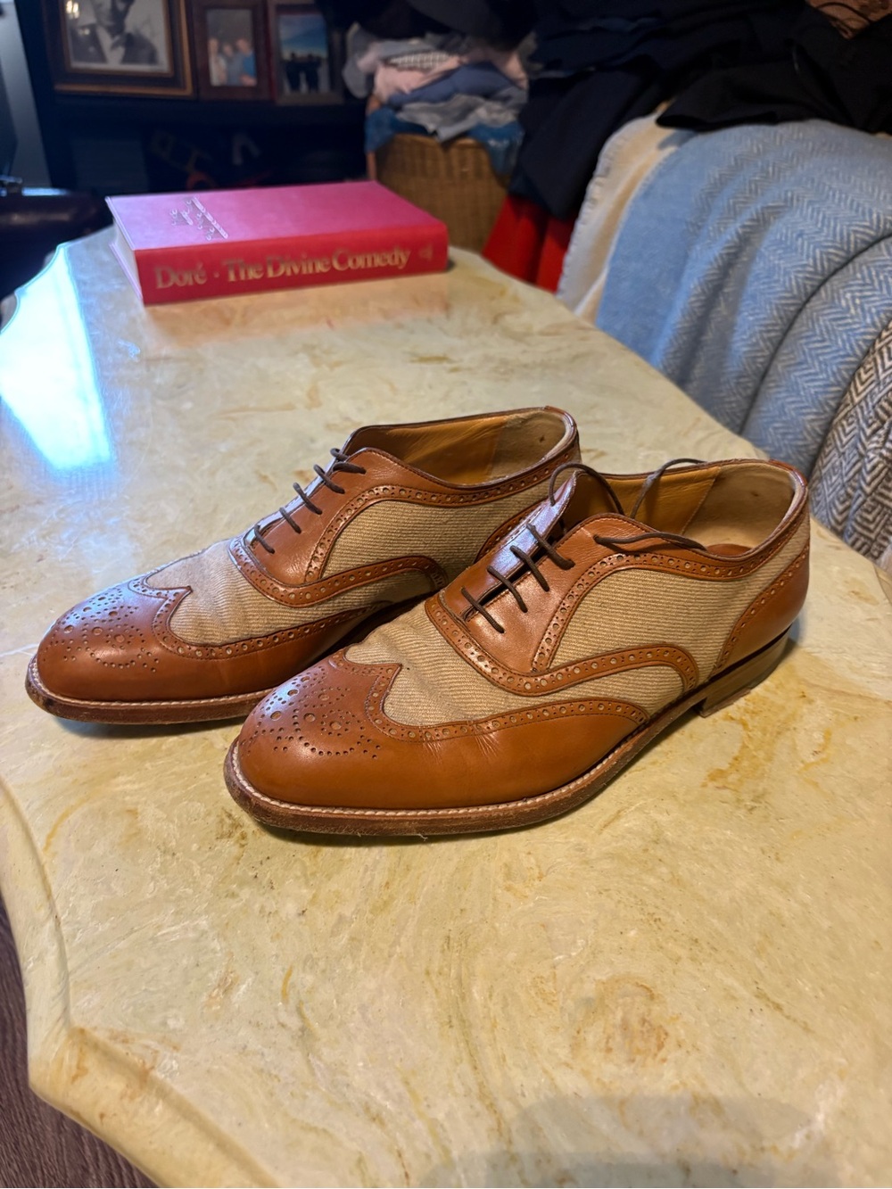 Kreb’s & Co Men's Two-Tone Tan Leather & Beige Fabric Wingtip Oxfords